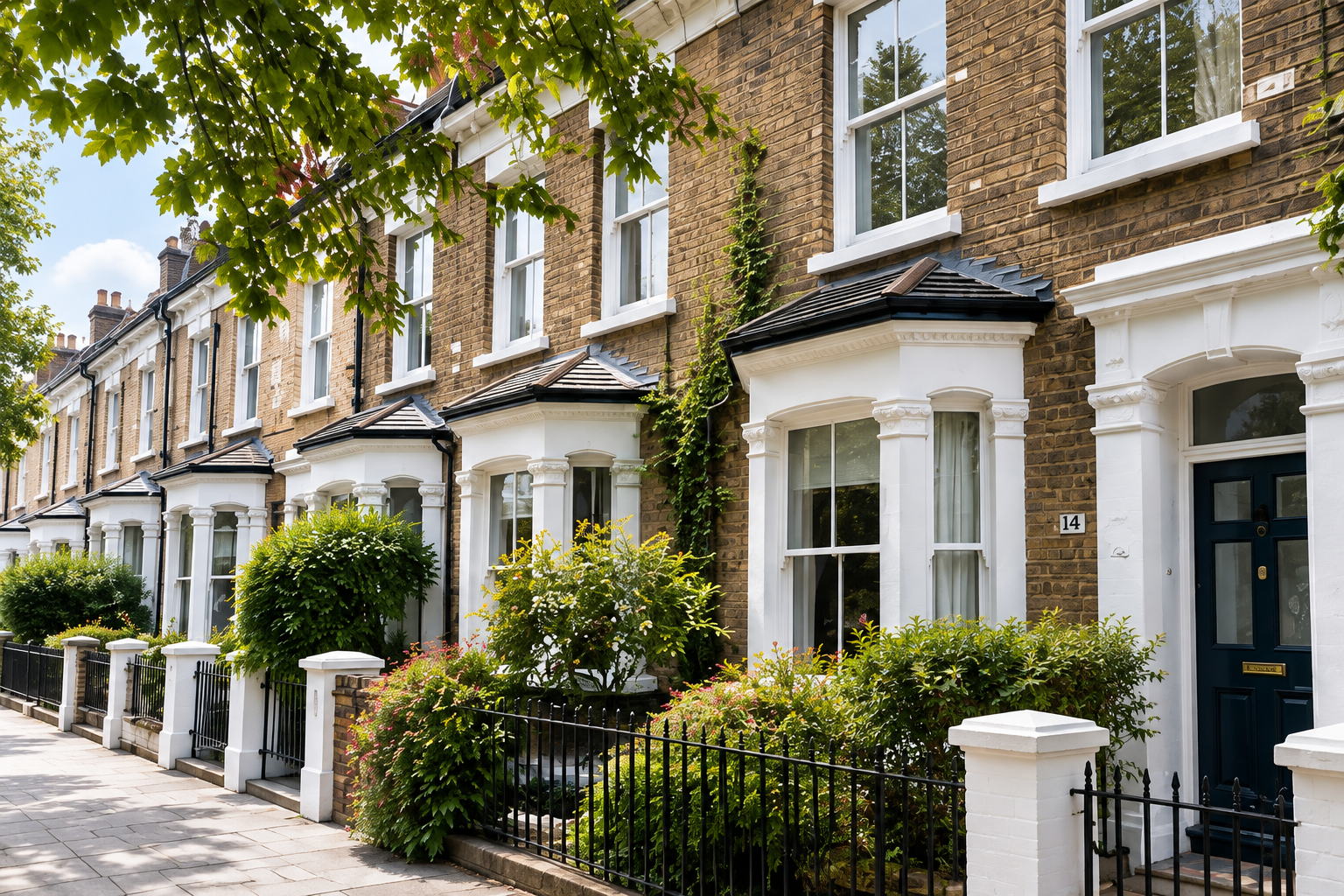 Leafy London terraced homes with brick façades, white bay windows and front gardens