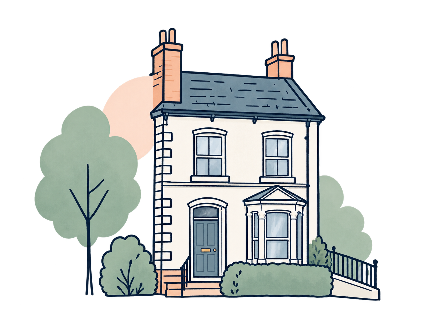 Hand-drawn British house with a peach chimney and leafy trees